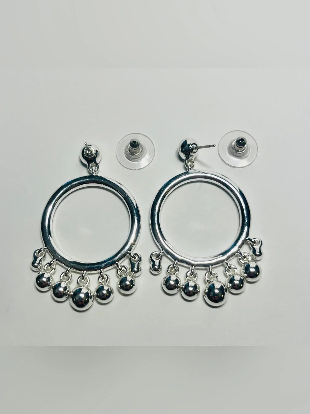 Silver Hoop Drop Earrings with Teal Blue Crystal Accents
